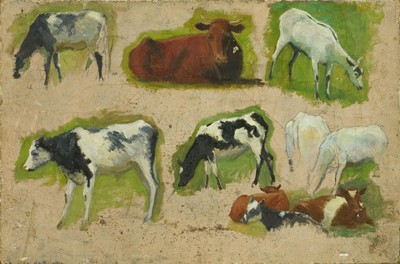 Lot 1205 - Manner of Sir Alfred Munnings (1878-1959) two oils on canvas, cattle and horse sketches, 30.5cm x 45.5cm and 41cm x 51cm, unframed