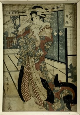 Lot 106 - Kikugawa Eizan (1787-1867) woodcut print - Geisha, 36cm x 25cm, framed
