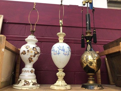 Lot 717 - Three Victorian style glass table lamps with painted decoration (3)