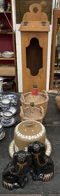 Lot 132 - Fruitwood baguette holder, pair of Victorian Staffordshire spaniels, Victorian cheese dome and two whicker bound bottles