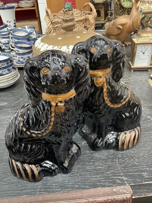 Lot 132 - Fruitwood baguette holder, pair of Victorian Staffordshire spaniels, Victorian cheese dome and two whicker bound bottles