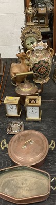 Lot 135 - Large clock, two carriage clocks, brass etc
