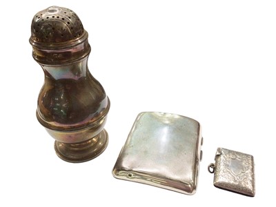 Lot 1040 - George I style silver sugar caster with Jubilee hallmarks 1977, Edwardian silver vesta case and a silver cigarette case (3)