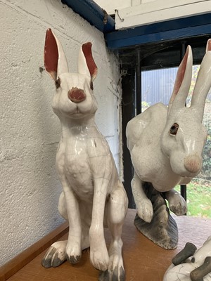 Lot 124 - Four Brian Andrew raku sculptures of hares and a dormouse