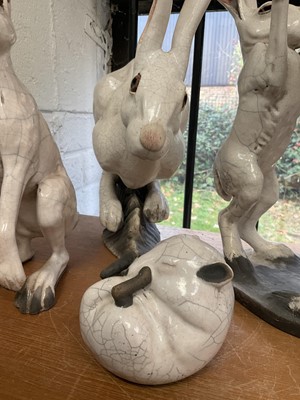 Lot 124 - Four Brian Andrew raku sculptures of hares and a dormouse
