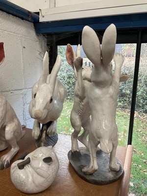 Lot 124 - Four Brian Andrew raku sculptures of hares and a dormouse