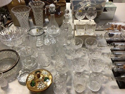 Lot 302 - Group of glassware including decanters, Royal Doulton glasses, boxed, one Waterford tumbler and a collection of glass ships in bottles