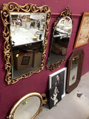 Lot 308 - Two gilt framed wall mirrors, one other oval wall mirror, an oak framed mirror and two pictures (6)