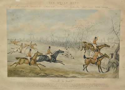 Lot 1037 - Set of four 19th century Henry Alken hand coloured engravings - The Quorn Hunt, published by Ackermann, 55cm x 75cm, in glazed frames