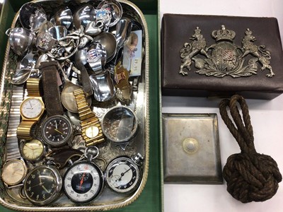 Lot 1069 - Two vintage pocket watches, President stopwatch and other watches, together with souvenir spoons, jewellery box and sundries