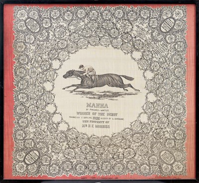 Lot 962 - 1925 Derby silk scarf, 'Manna', trained by Fred Darling, ridden by Steve Donoghue, in glazed frame, 88cm x 95.5cm overall