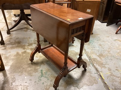 Lot 1238 - Edwardian mahogany Sutherland table with two flaps and undertier on splayed legs and pair oak chairs