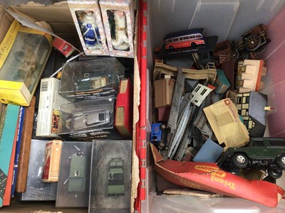 Lot 330 - Two boxes of toy cars including 007 vehicles, railway track, buildings etc, vintage Scalextric and other toys