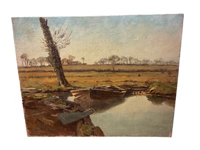 Lot 97 - Fred H Ray (early 20th century) oil on board - Reed boat in dyke at Coltishall, signed, titled, 20 x 25cm