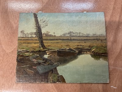 Lot 97 - Fred H Ray (early 20th century) oil on board - Reed boat in dyke at Coltishall, signed, titled, 20 x 25cm