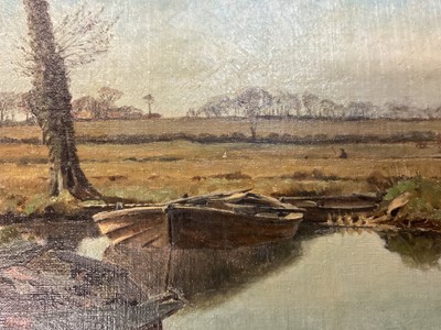 Lot 97 - Fred H Ray (early 20th century) oil on board - Reed boat in dyke at Coltishall, signed, titled, 20 x 25cm