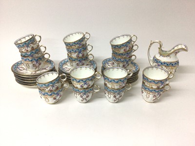 Lot 137 - Minton blue ribbon and pink rose swag pattern tea set, comprising of 18 saucers, 11 tea cups, 6 coffee cups and one jug