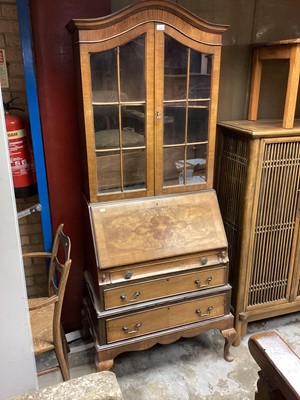 Lot 1245 - Queen Anne-style walnut bureau bookcase on cabriole legs 201cm high, 74.5cm wide