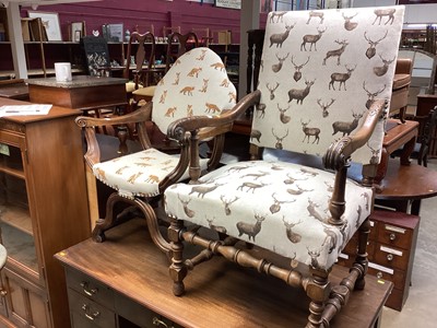 Lot 1249 - Edwardian X framed elbow chair with fox decorated upholstery, similar Carolean revival elbow chair and a standard chair (3)