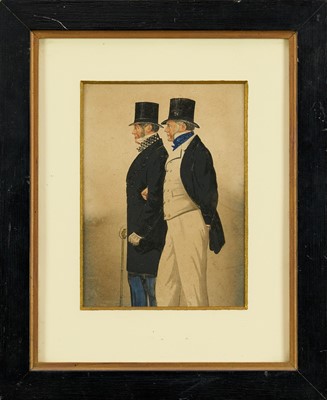 Lot 1008 - Richard Dighton (1795-1880) watercolour - Portrait of Admiral Rous and George Payne, 20cm x 15cm, labels verso, in glazed frame