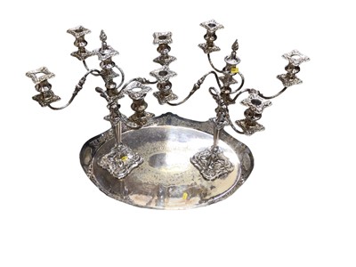 Lot 153 - Pair of 19th century style silver plated four branch candelabra (one sconce missing), together with a large Victorian silver plated oval tray
