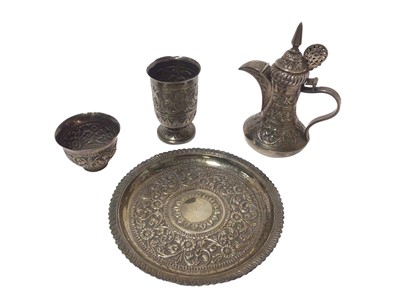 Lot 323 - Middle Eastern miniature white metal Dallah, tray and two cups