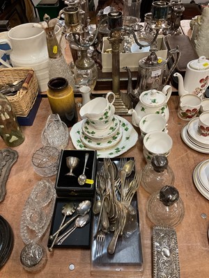 Lot 470 - Group of silver topped dressing table pots, scent bottles and other ceramics and plated ware.