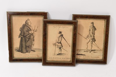 Lot 812 - Matthew Darly - three framed Georgian engravings of Macaronis, dated 1772