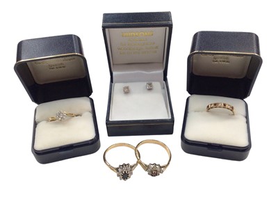 Lot 1064 - Early 20th century diamond cluster ring in 18ct gold setting, 9ct gold ring, pair of 9ct gold earrings and two silver gilt gem-set dress rings