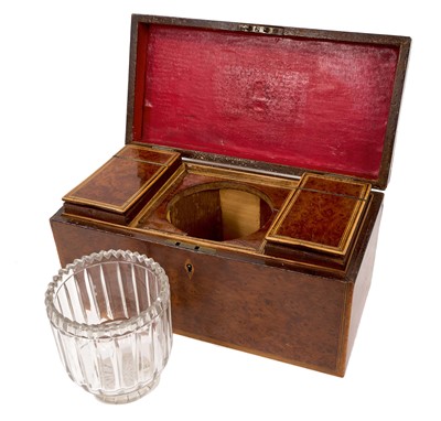 Lot 840 - George III burr yew wood veneered tea caddy with original cut glass mixing bowl and two canisters