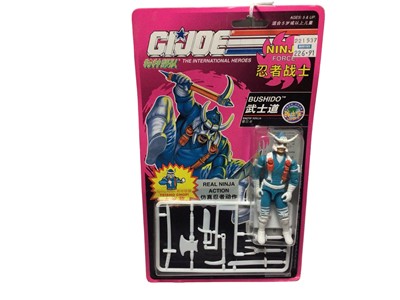 Lot 103 - Hasbro G I Joe Viper, Cobra Infantryman No.6315, Cobra Commander, Cobra Leader No.6753 & Bushido, Snow Ninja No.6876 (Foreign Version), all on punched card with blister packs (3)