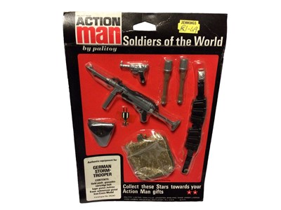 Lot 7 - Palitoy Action Man Soldiers of the World German Storm Trooper authentic equipment including field pack, grenades, cartridge belt, Luger pistol , holster, 9mm Schmeisser pistol, Iron Cross Medal, on...