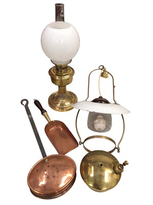 Lot 327 - Brass oil lamp with glass shade, brass hanging lamp with enamel shade, together with a small copper warming pan and copper coal shovel