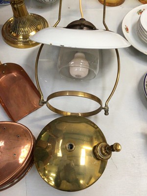 Lot 327 - Brass oil lamp with glass shade, brass hanging lamp with enamel shade, together with a small copper warming pan and copper coal shovel