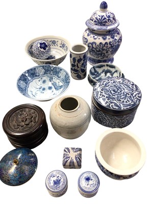 Lot 326 - Group of antique and later Chinese blue and white ceramics, blue cloisonné pot and cover, carved wooden coaster holder etc