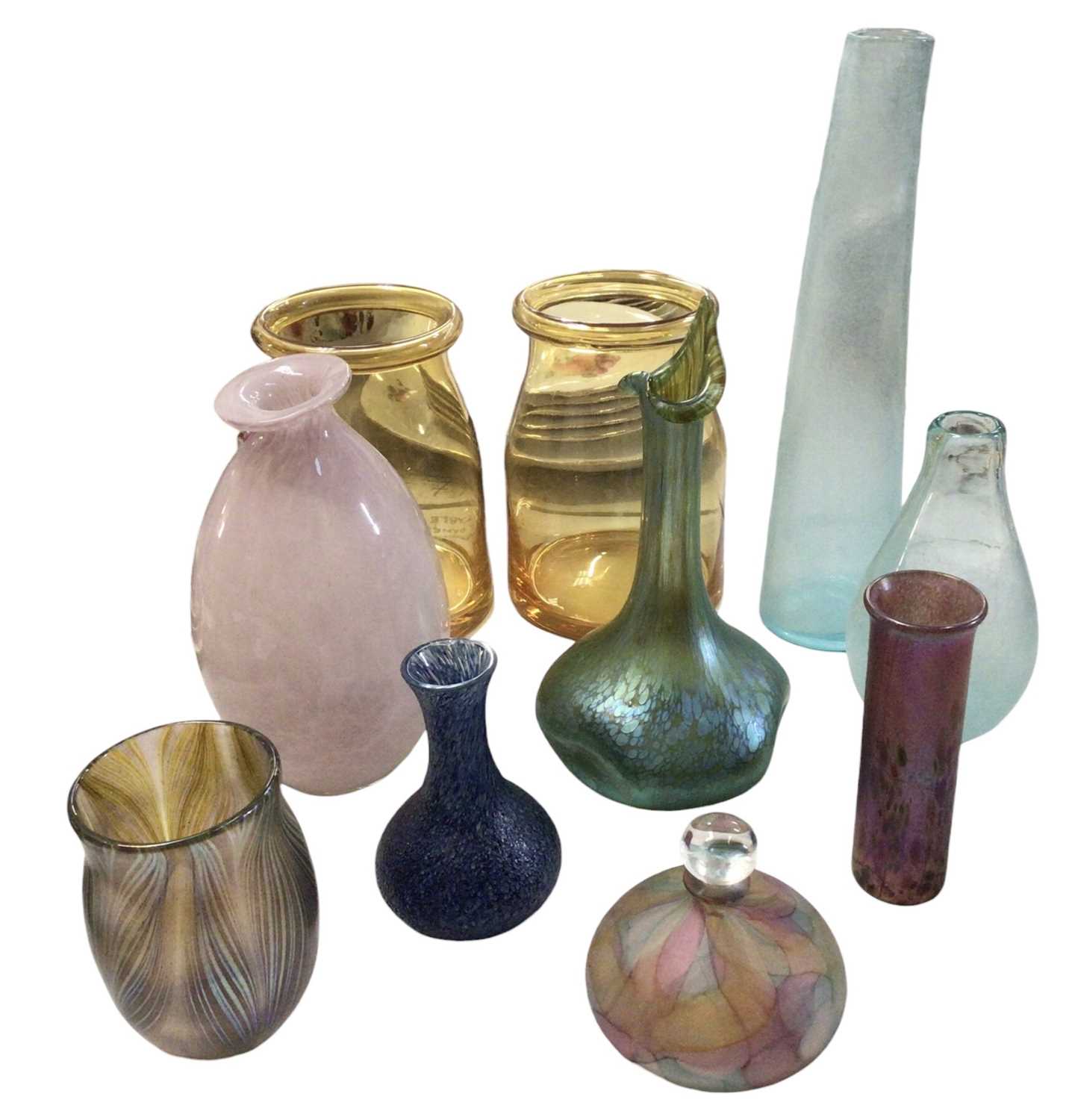 Lot 325 - Norman Stuart Clarke signed studio glass vase, signed and dated 1984, together with a Loetz style glass vase and other coloured glassware