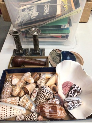 Lot 310 - Collection of shells, geode slices, pair of silver plated candlesticks, vintage pipe in case and a group of theatre programmes