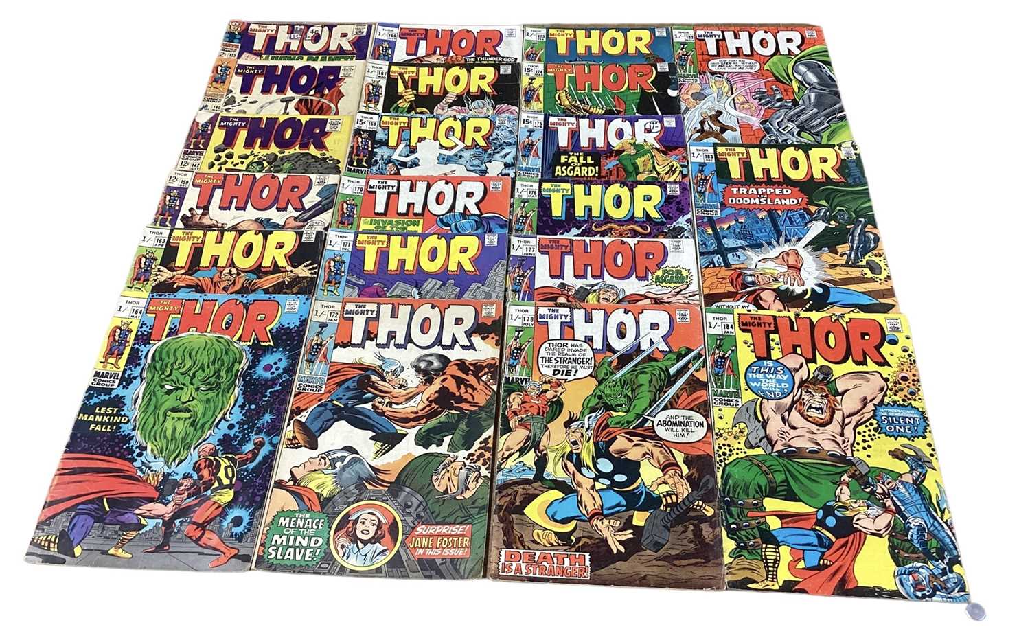 Lot 42 - Marvel Comics The Mighty Thor, mostly 1960's and some 70's (English and American price variants). To include #140 - 1st apperance of Growing man, #166 - 2nd apperance of HIM, #169 - origin of Galac...