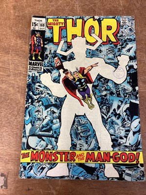 Lot 42 - Marvel Comics The Mighty Thor, mostly 1960's and some 70's (English and American price variants). To include #140 - 1st apperance of Growing man, #166 - 2nd apperance of HIM, #169 - origin of Galac...