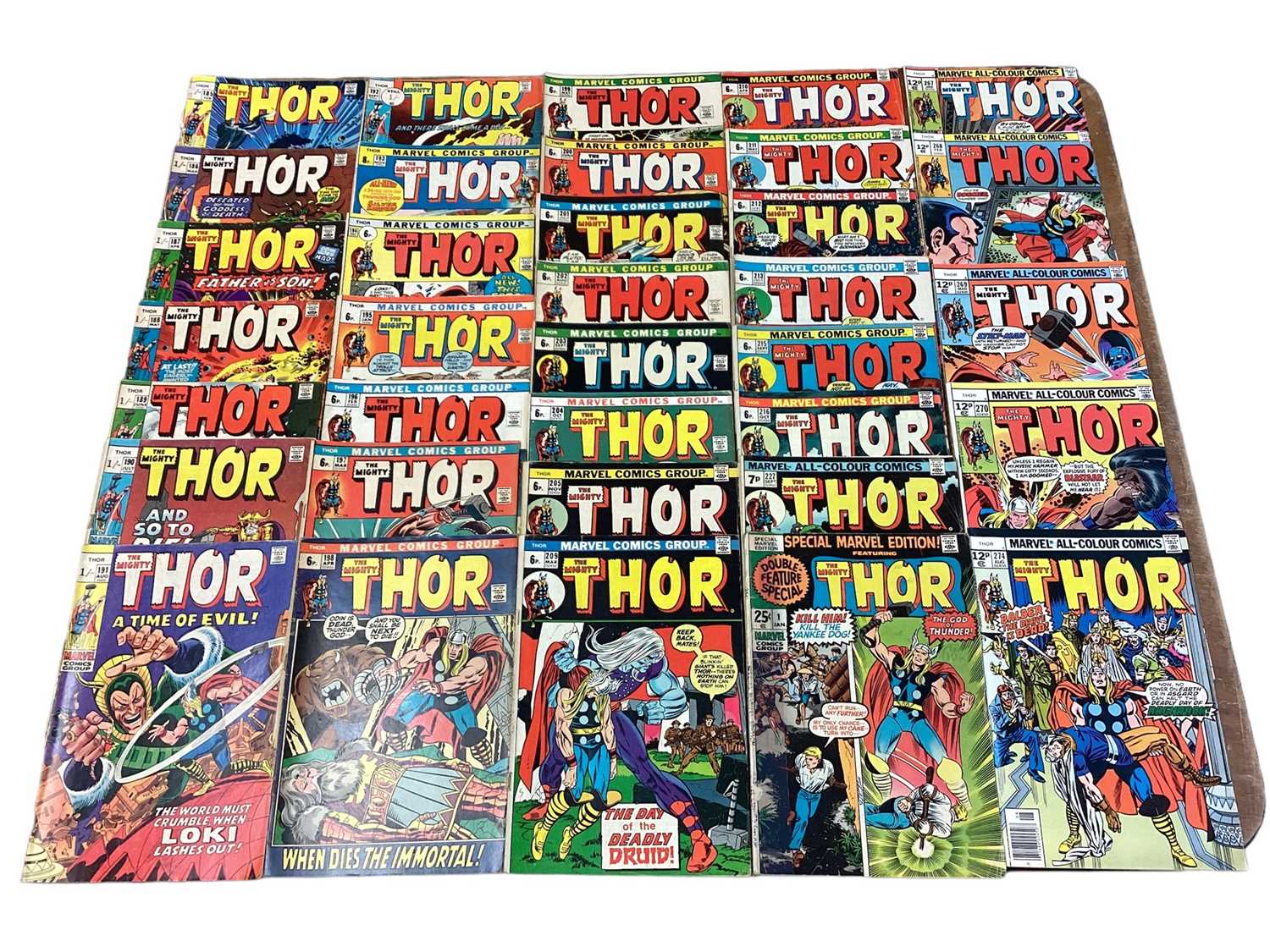 Lot 43 - Marvel Comics The Mighty Thor, 1970's (English and American price variants). To include #191 - 1st apperance of Durok the Demolisher, #193 - Classic Thor and Silver Surfer battle and #200 - Ragnaro...