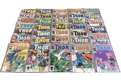 Lot 61 - Marvel Comics The Mighty Thor, large group of 1980's comics, (English and American price variants). To include #365 - 1st apperance of Thor, Frog of Thunder and many others. Approximately 60 comics...
