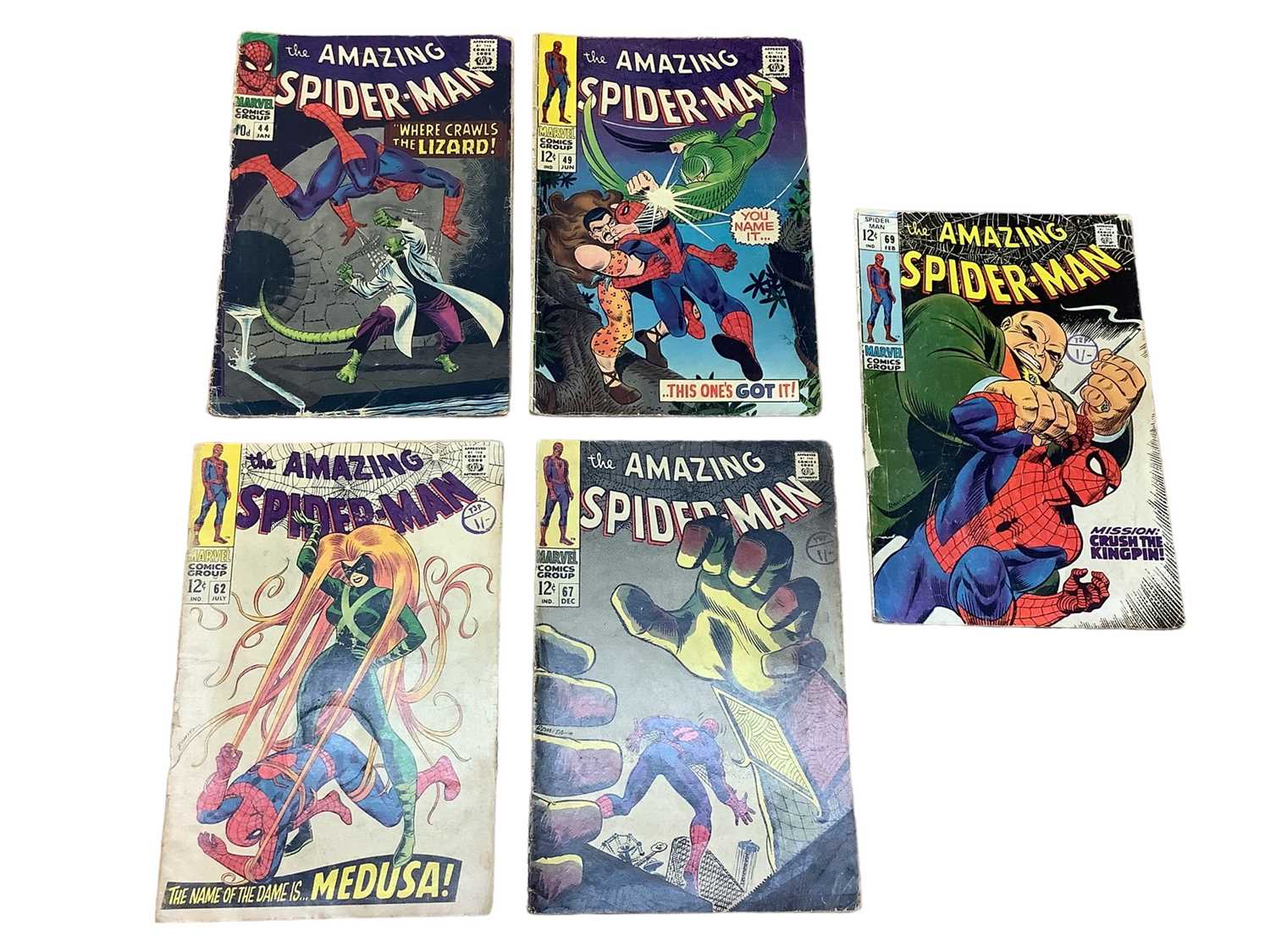 Lot 30 - Marvel Comics The Amazing Spider-Man, 1960's (English and American price variants). To include #44 - second apperance of Curt Connors as the Lizard, #62 - Medusa cover, #67 - first apperance of Ran...