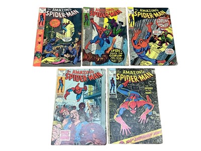 Lot 27 - Marvel Comics The Amazing Spider-Man, 1971 (English price variants). To include #96, #97 and #98 - full run containing a drug use sub plot, therefore published without approval from the Comics Code...
