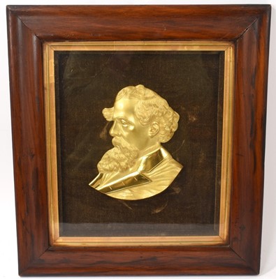 Lot 854 - Victorian gilt metal relief plaque of Dickens