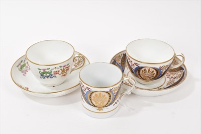 Lot 160 - Wedgwood bone china trio, painted in Imari palette, and a tea cup and saucer painted with flowers, circa 1814-22