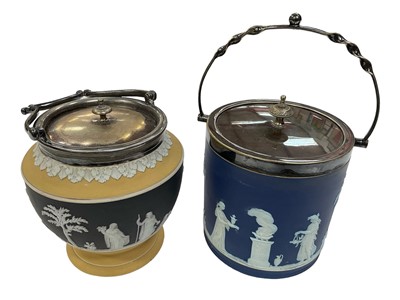 Lot 80 - Two Wedgwood jasper biscuit barrels, with plated mounts