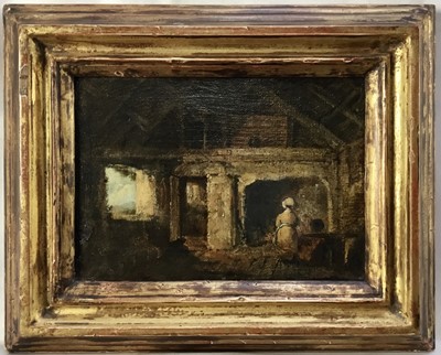 Lot 118 - English School, 19th century, oil on canvas - Figure in an interior, 13cm x 18cm, in gilt frame