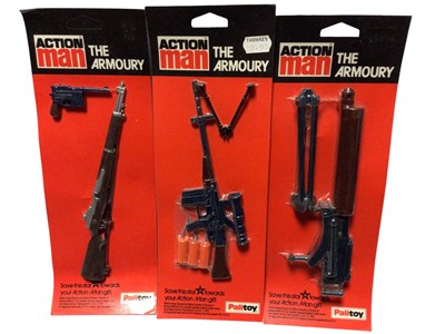 Lot 53 - Palitoy Action Man The Armoury assorted weapons, on punched vacuum pack cards (3)