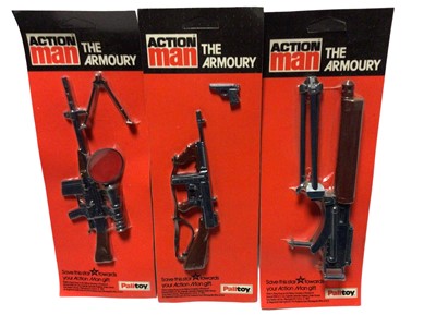 Lot 54 - Palitoy Action Man The Armoury assorted weapons, on unpunched vacuum pack card (3)