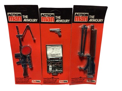 Lot 55 - Palitoy Action Man The Armoury assorted weapons, on unpunched vacuum pack card (3)